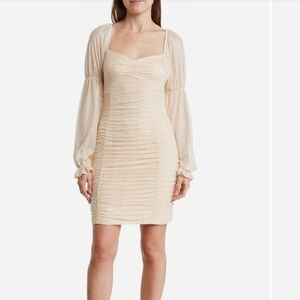 BCBG Generation Ruched Square-Neck Mini Dress in Light Beige